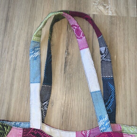 Womens Fabric Tote Bag Multi-Color Squares Zipper Shoulder Purse - Picture 5 of 7